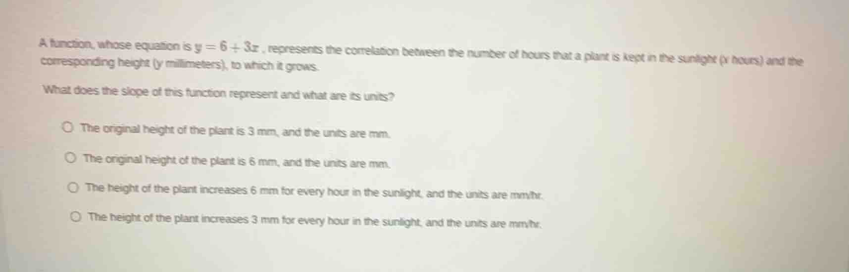 a function, whose equation is $y = 6 + 3x$, represents the correlation …