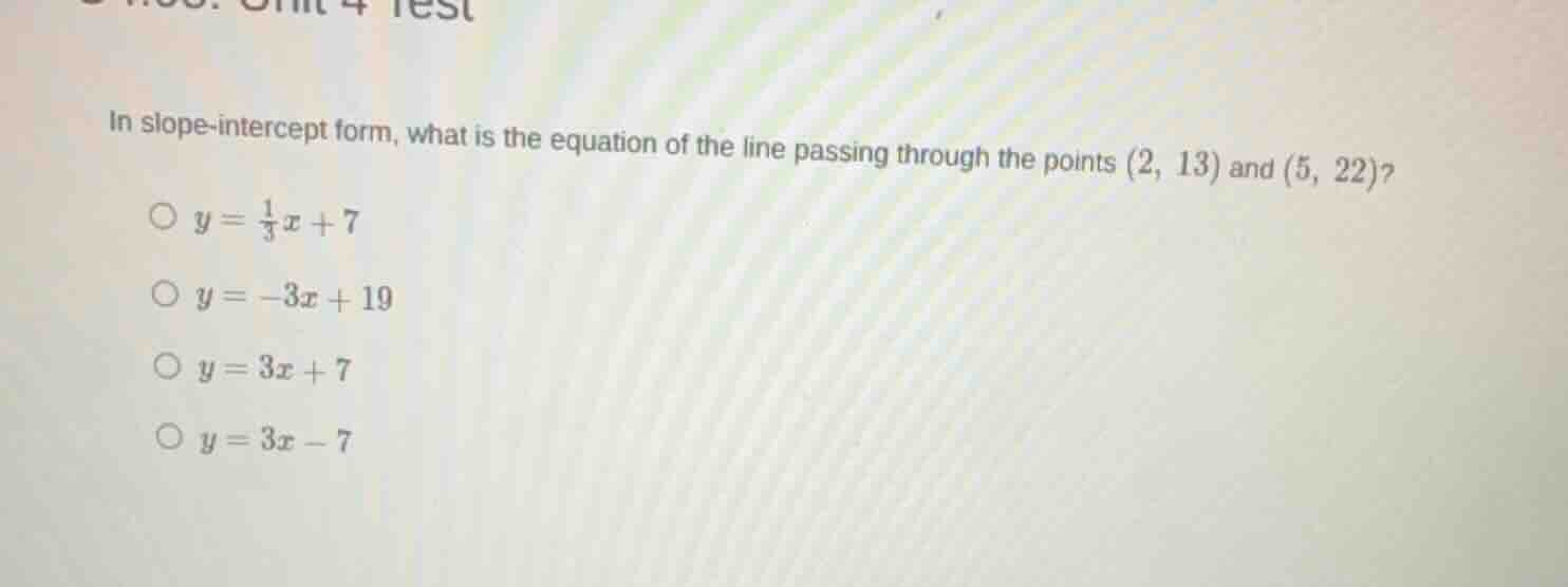 in slope-intercept form, what is the equation of the line passing throu…