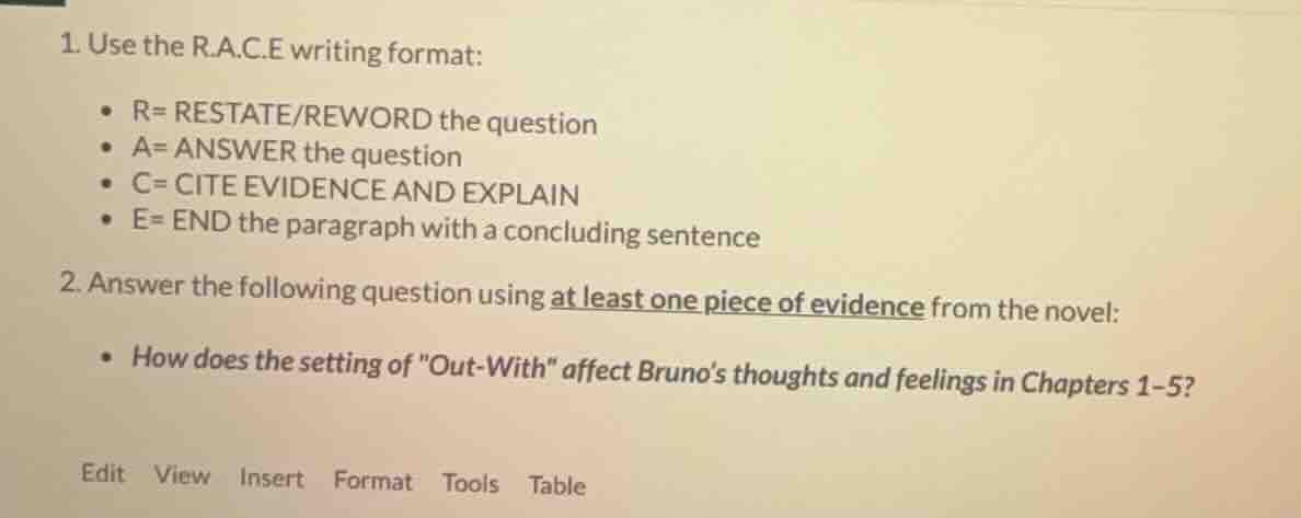 1. use the r.a.c.e writing format: - r= restate/reword the question - a…