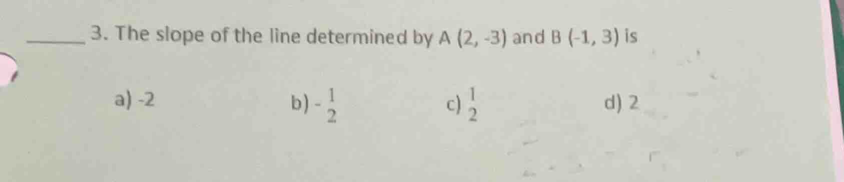 3. the slope of the line determined by a (2, -3) and b (-1, 3) is a) -2…