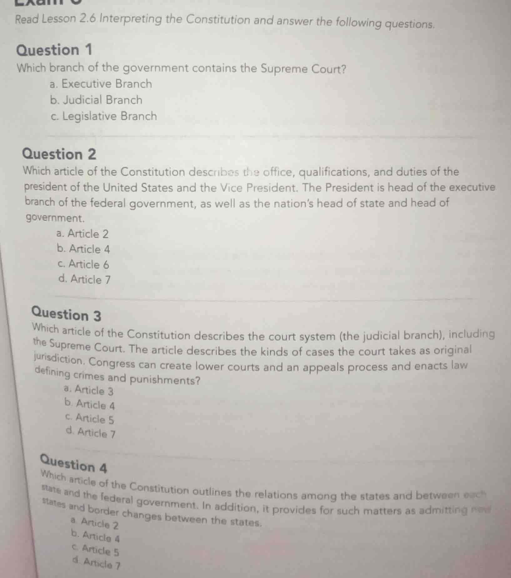 read lesson 2.6 interpreting the constitution and answer the following …