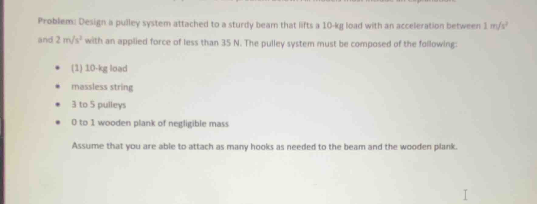 problem: design a pulley system attached to a sturdy beam that lifts a …