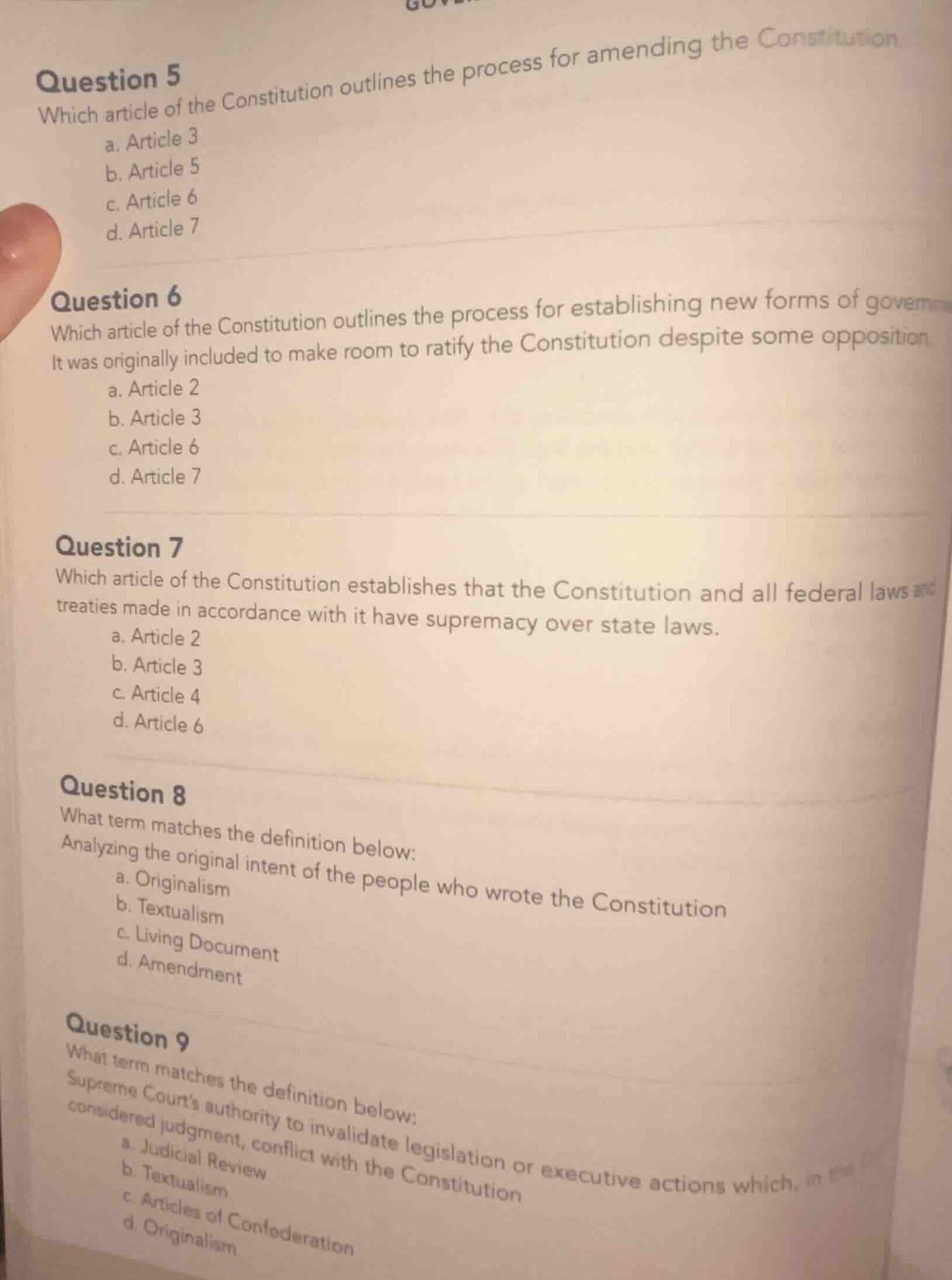 question 5 which article of the constitution outlines the process for a…