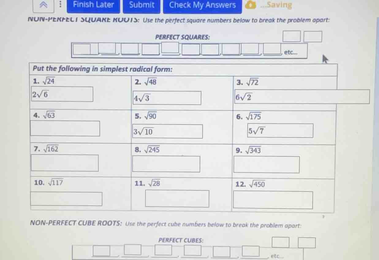 non-perfect square roots: use the perfect square numbers below to break…