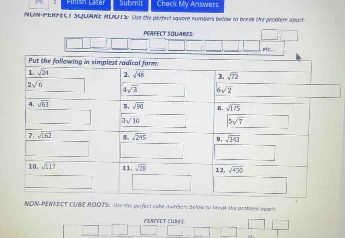 non-perfect square roots: use the perfect square numbers below to break…