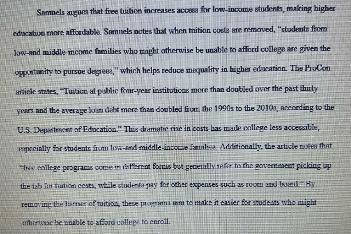 samuels argues that free tuition increases access for low - income stud…