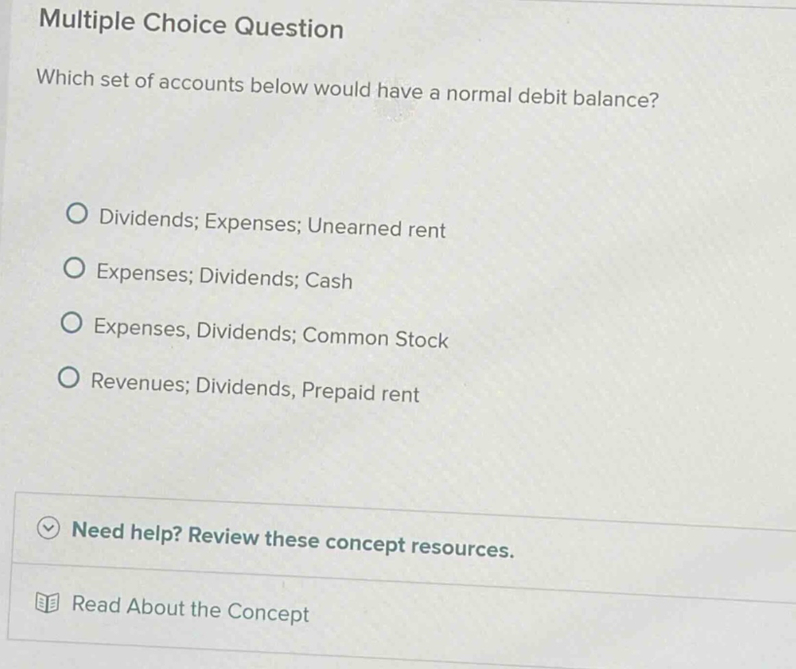 multiple choice question which set of accounts below would have a norma…