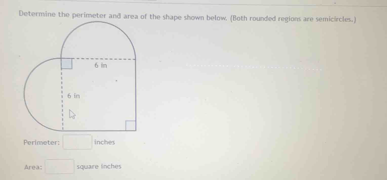 determine the perimeter and area of the shape shown below. (both rounde…