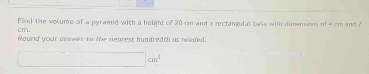 find the volume of a pyramid with a height of 20 cm and a rectangular b…
