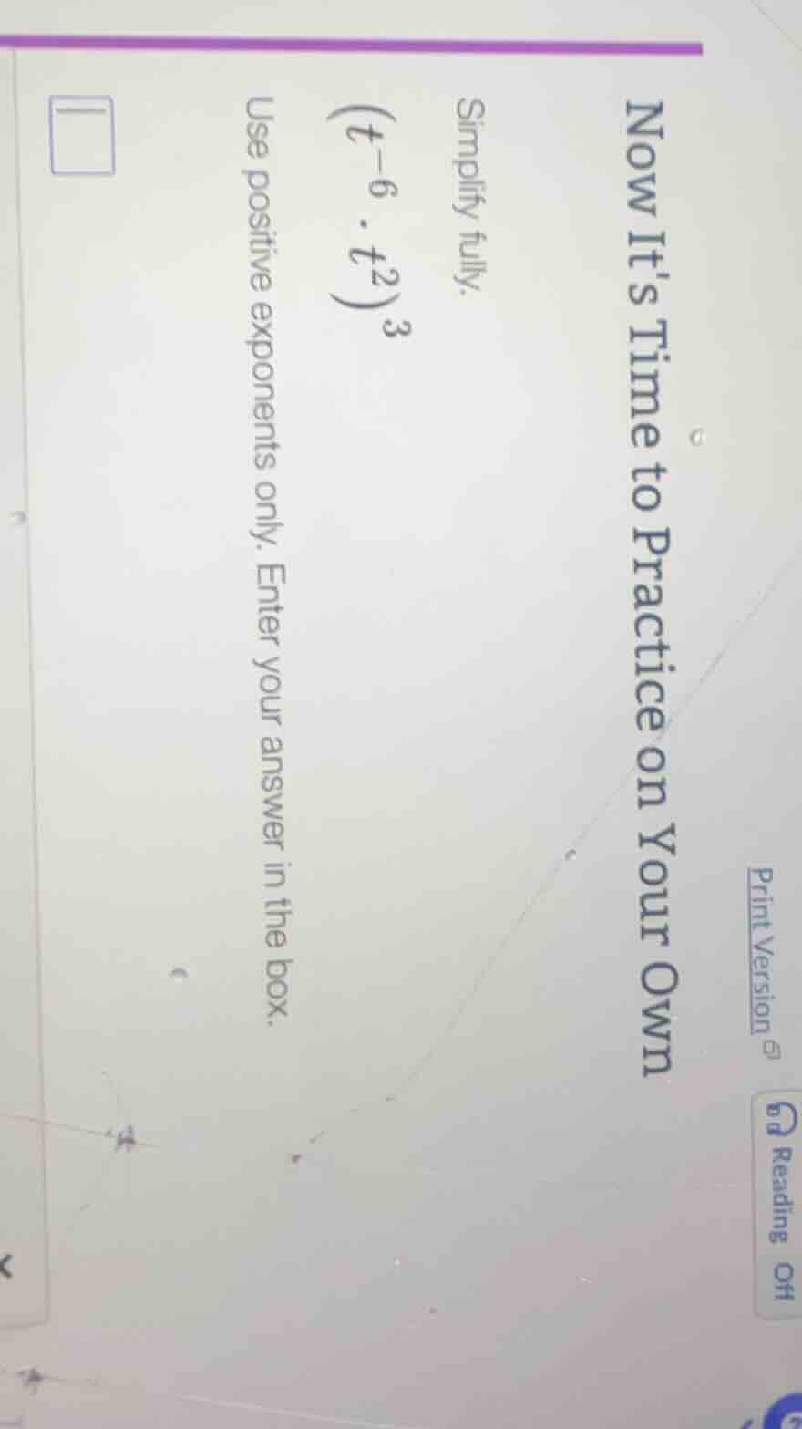 now its time to practice on your own simplify fully. \\((t^{-6} \\cdot …