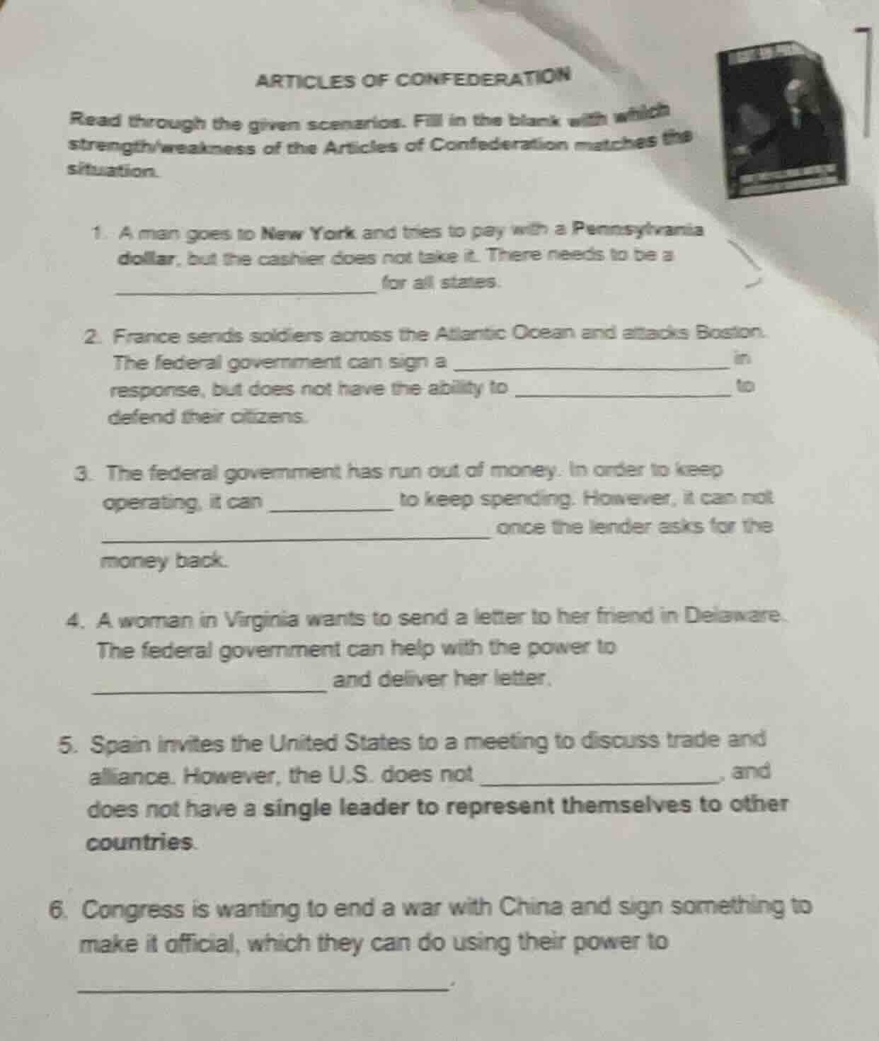 articles of confederation read through the given scenarios. fill in the…