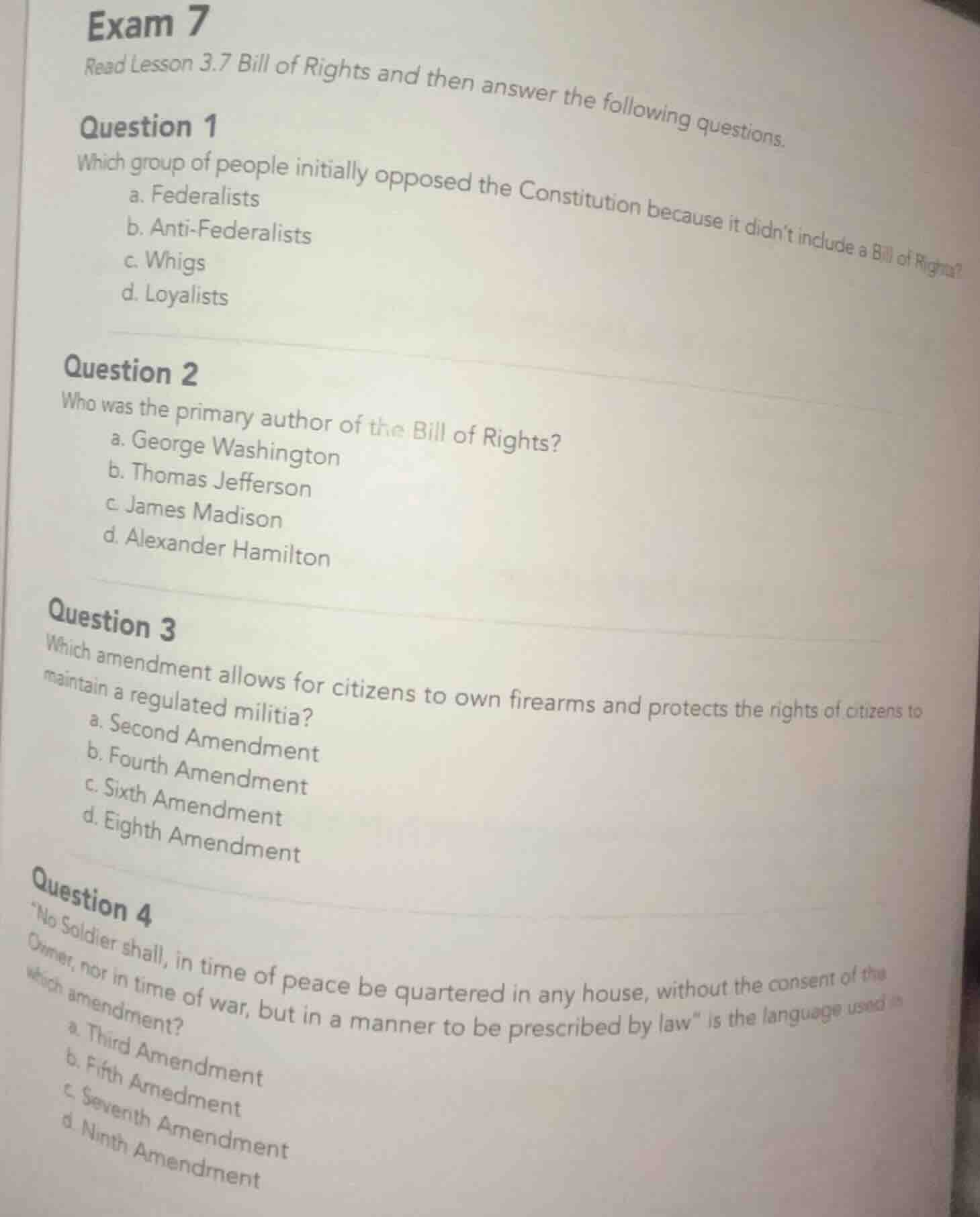 exam 7 read lesson 3.7 bill of rights and then answer the following que…