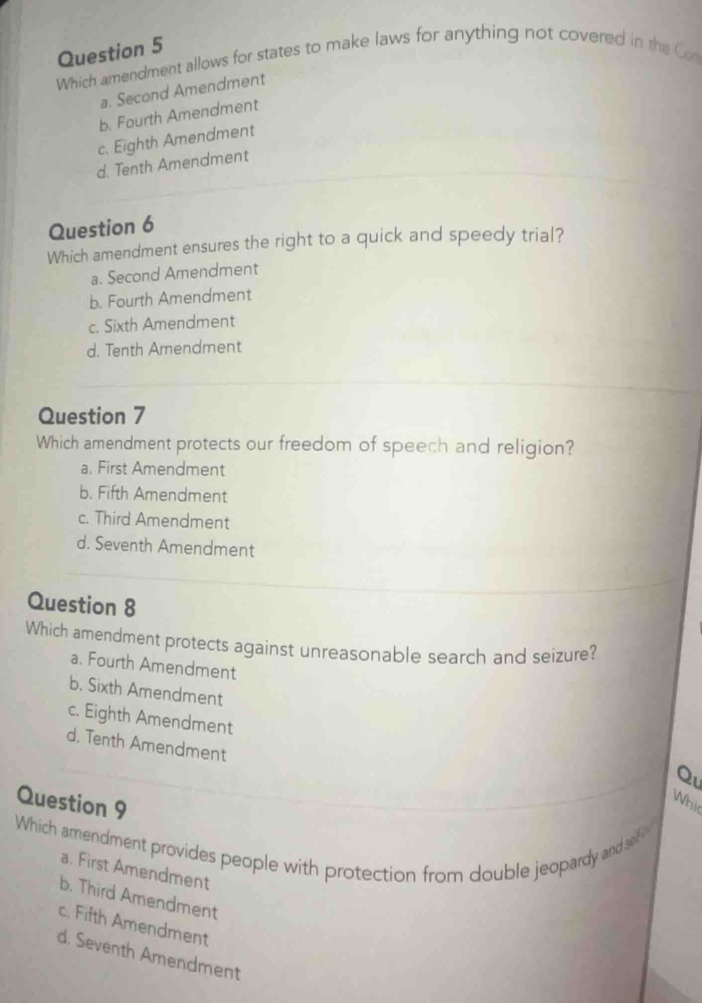 question 5 which amendment allows for states to make laws for anything …