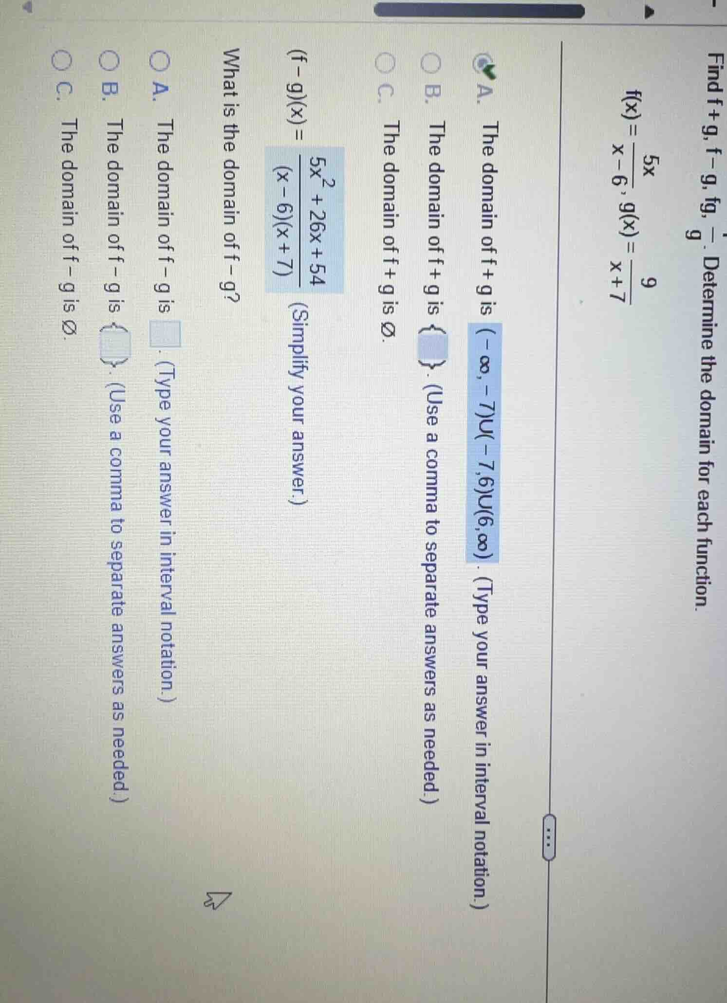 find f + g, f - g, fg, \\frac{f}{g}. determine the domain for each func…