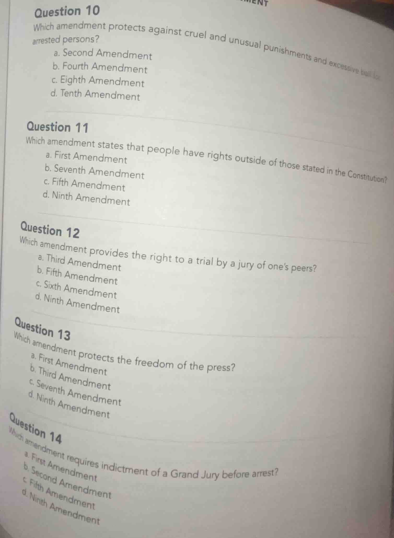 question 10 which amendment protects against cruel and unusual punishme…