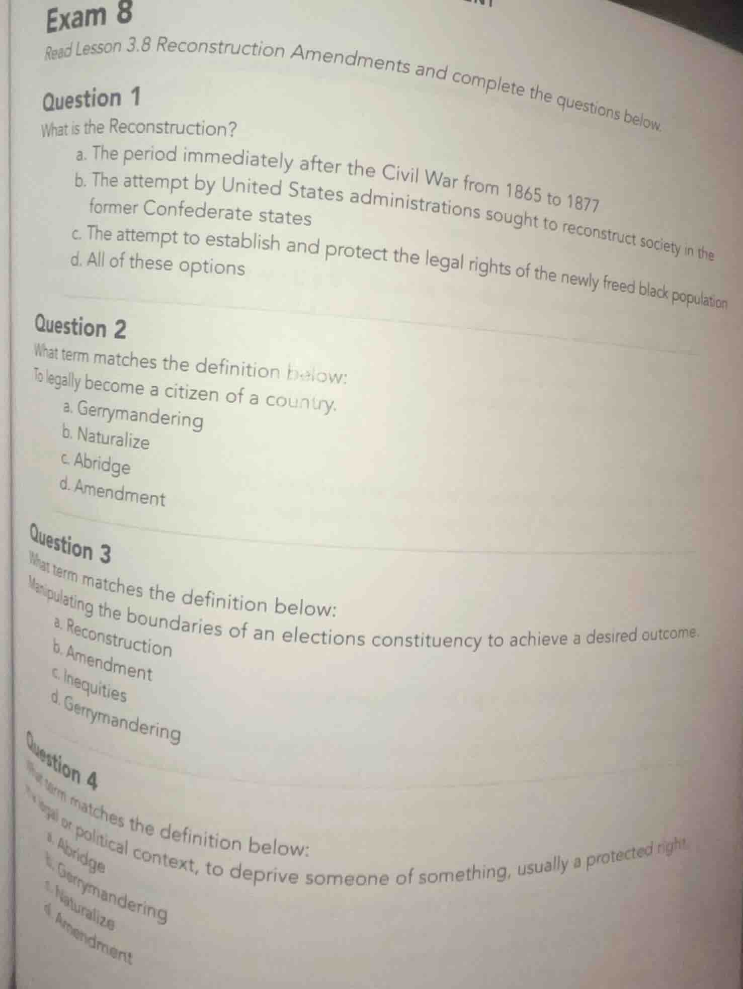 exam 8 read lesson 3.8 reconstruction amendments and complete the quest…