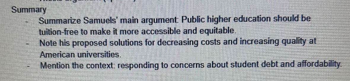 summary - summarize samuels main argument: public higher education shou…