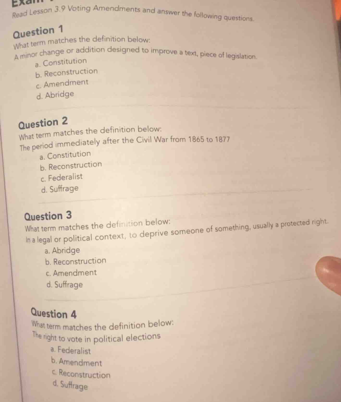 read lesson 3.9 voting amendments and answer the following questions. q…