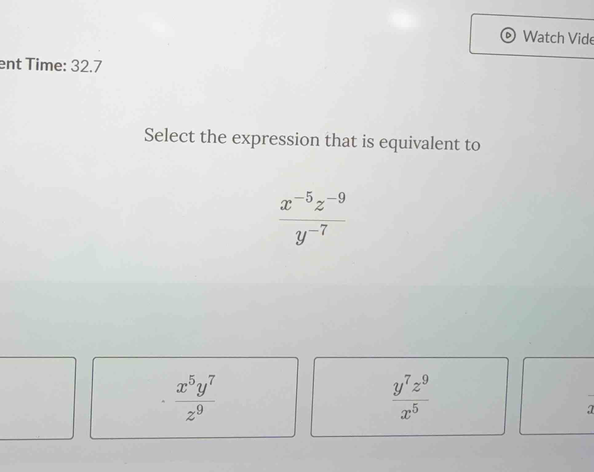 select the expression that is equivalent to \\(\\frac{x^{-5}z^{-9}}{y^{…