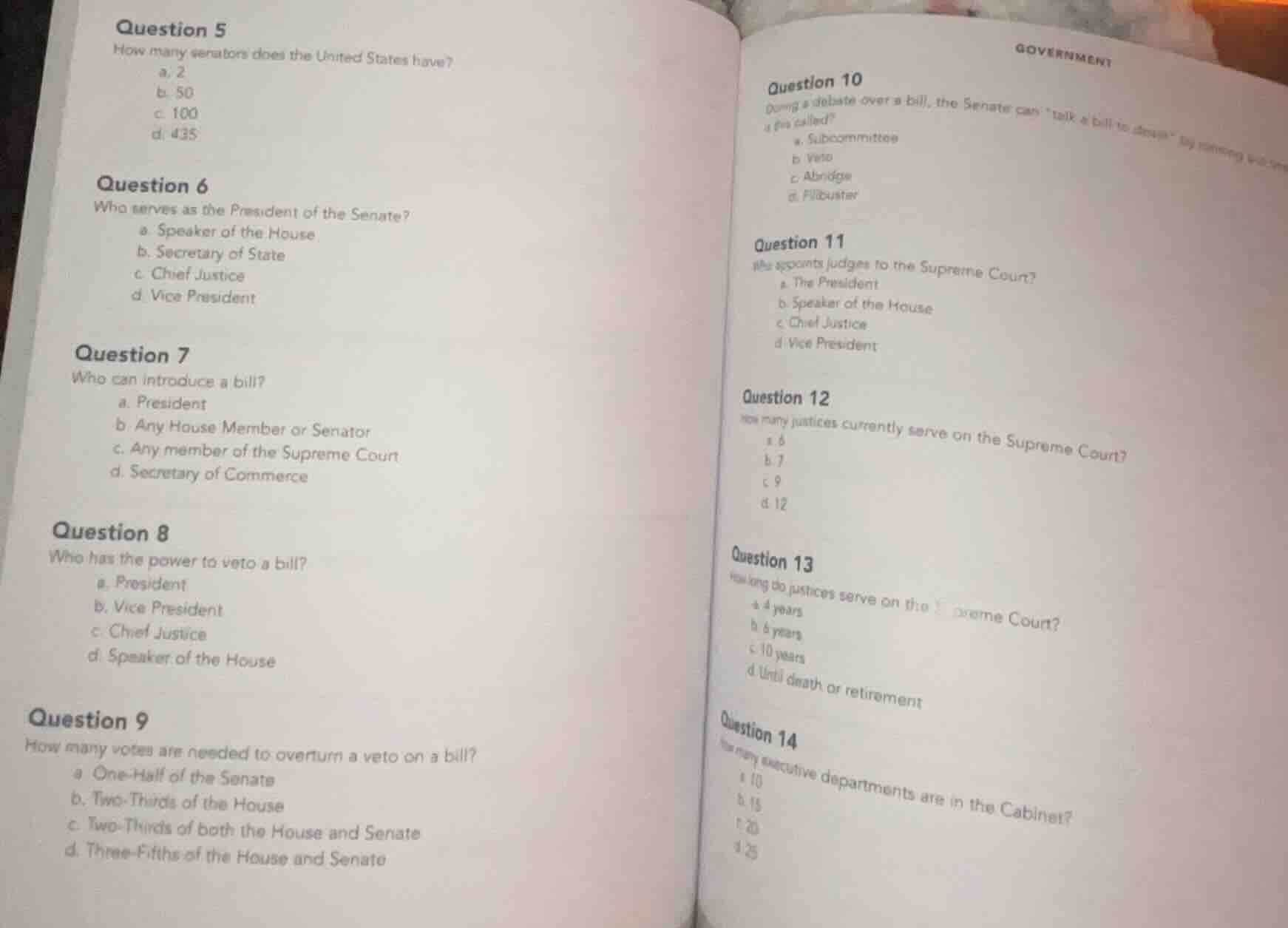 question 5 how many senators does the united states have? a. 2 b. 50 c.…