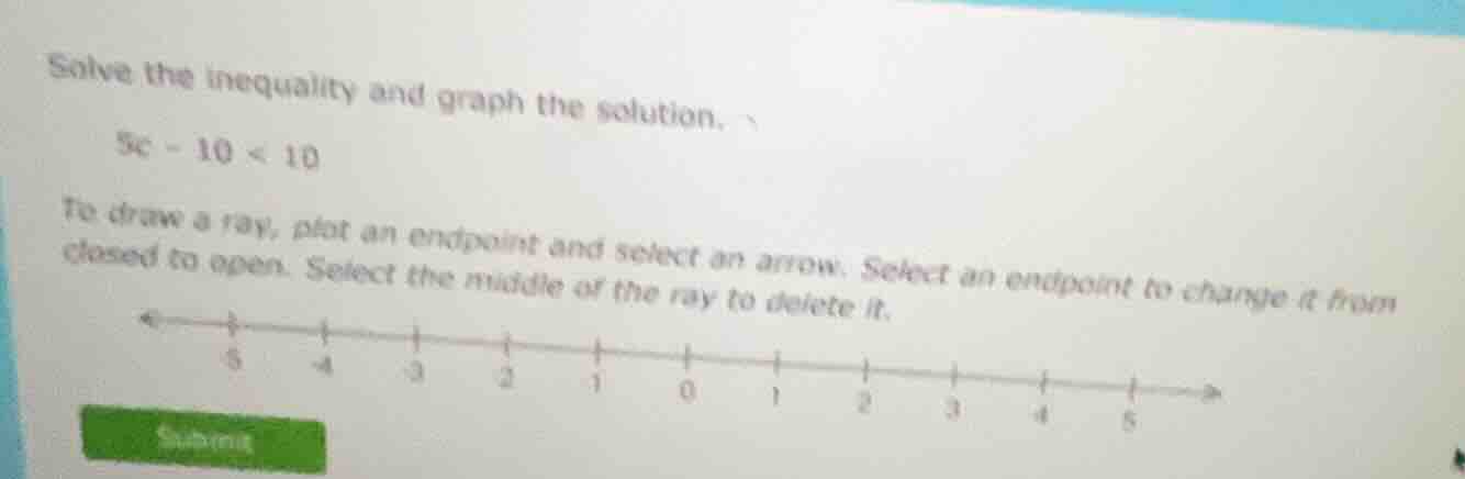 solve the inequality and graph the solution. 5c - 10 < 10 to draw a ray…