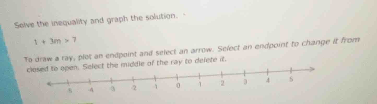 solve the inequality and graph the solution. 1 + 3m > 7 to draw a ray, …
