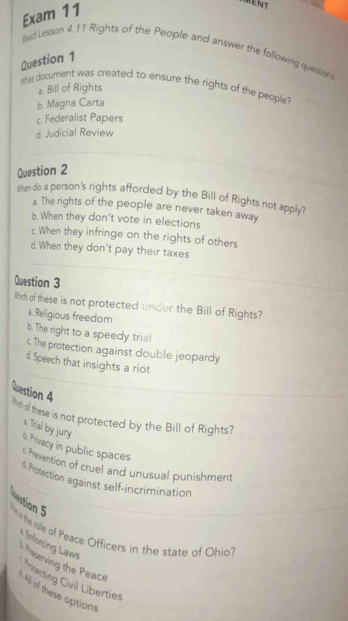 exam 11 read lesson 4.11 rights of the people and answer the following …