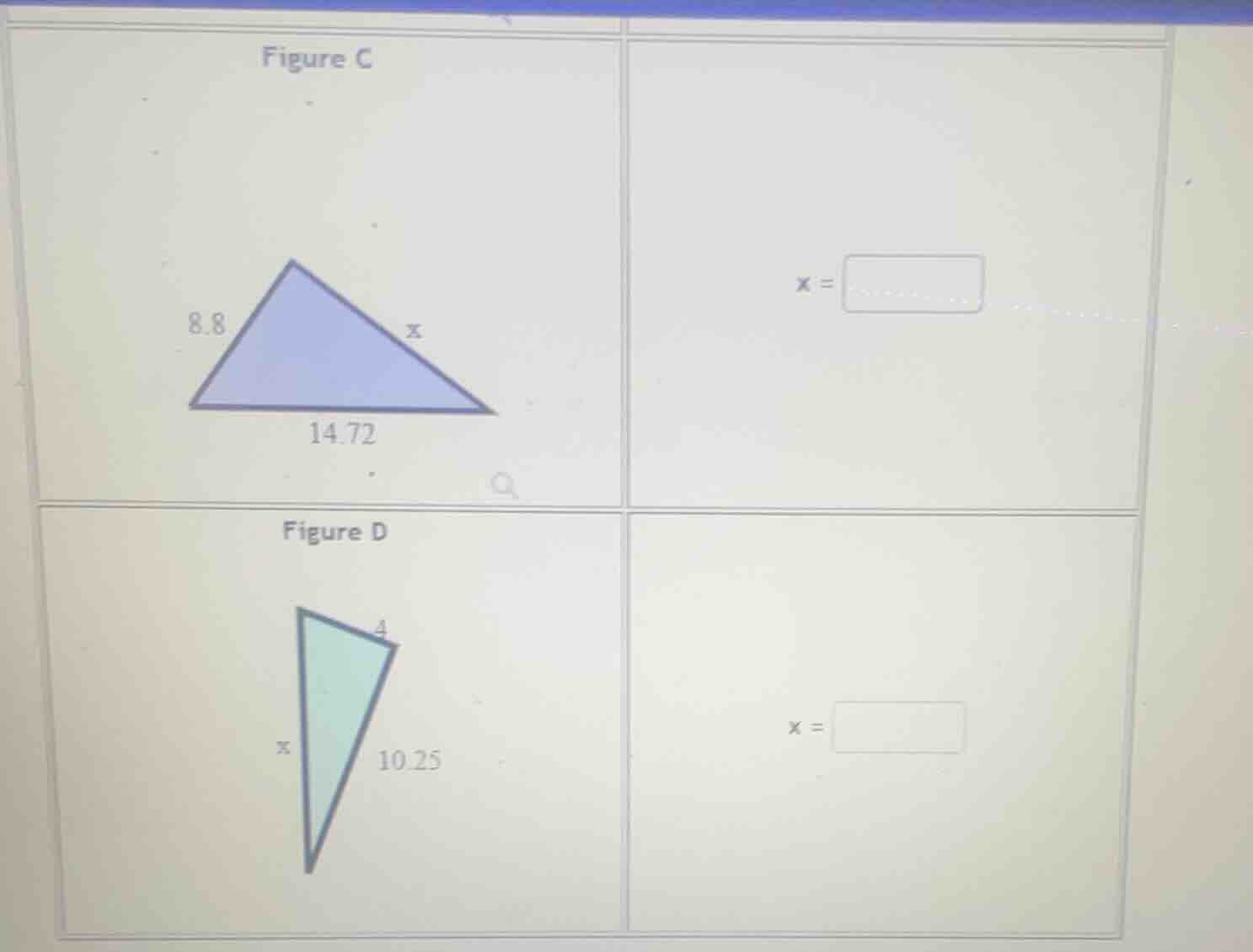 figure c 8.8, x, 14.72 x = figure d x, 4, 10.25 x =