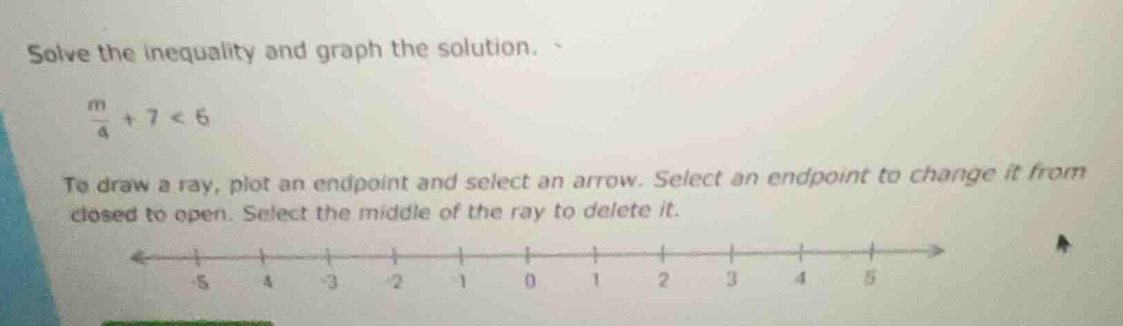 solve the inequality and graph the solution. \\(\frac{m}{4} + 7 < 6\\) …