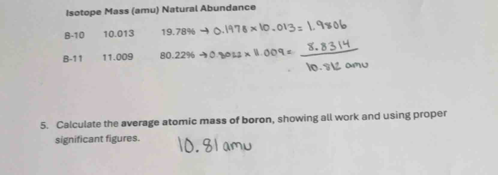 isotope mass (amu) natural abundance b-10 10.013 19.78% → 0.1978×10.013…