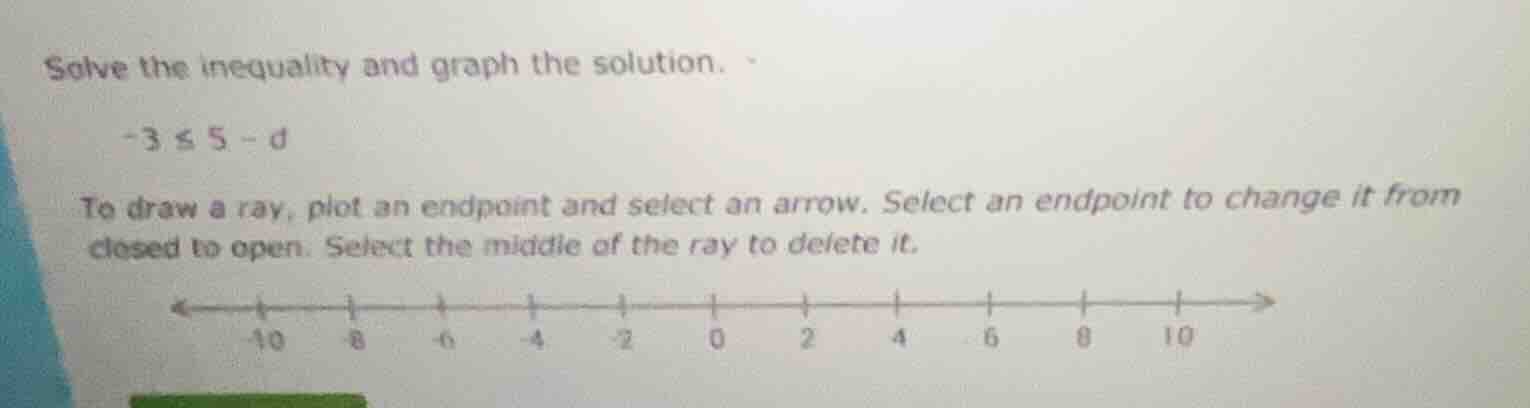 solve the inequality and graph the solution. -3 ≤ 5 - d to draw a ray, …