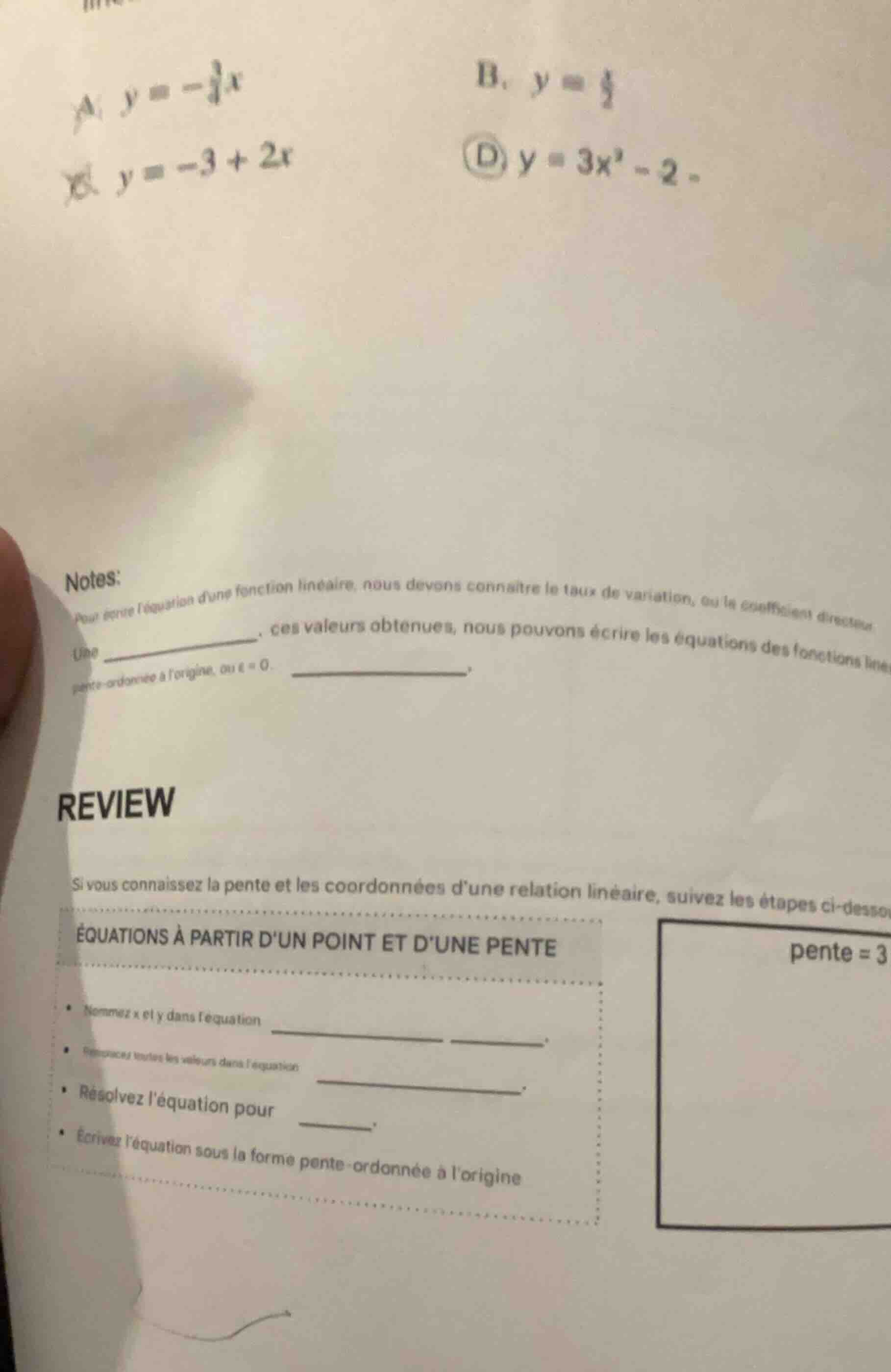 a. $y = -\frac{3}{4}x$ b. $y = \frac{1}{2}$ c. $y = -3 + 2x$ d. $y = 3x…