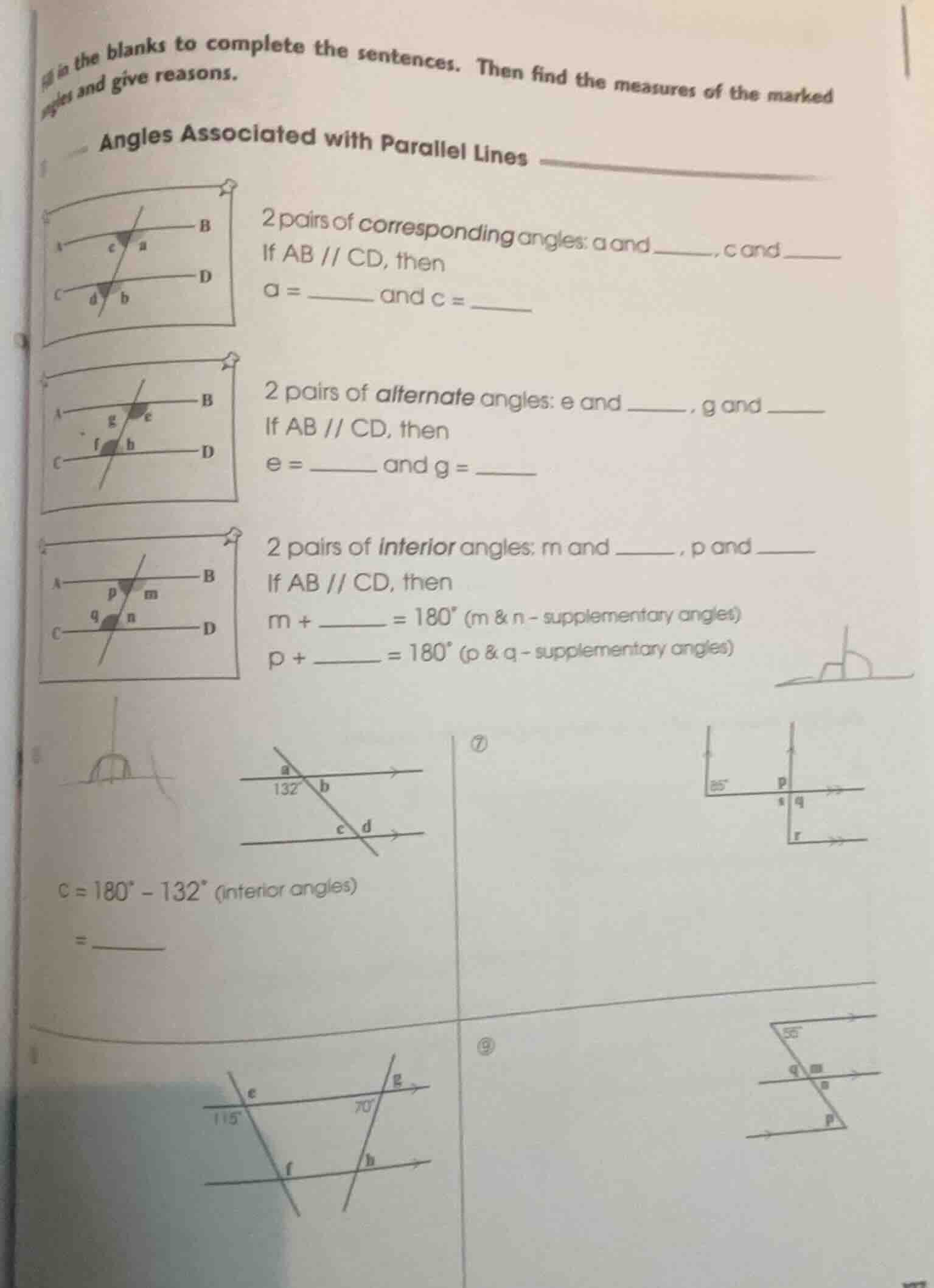 fill in the blanks to complete the sentences. then find the measures of…
