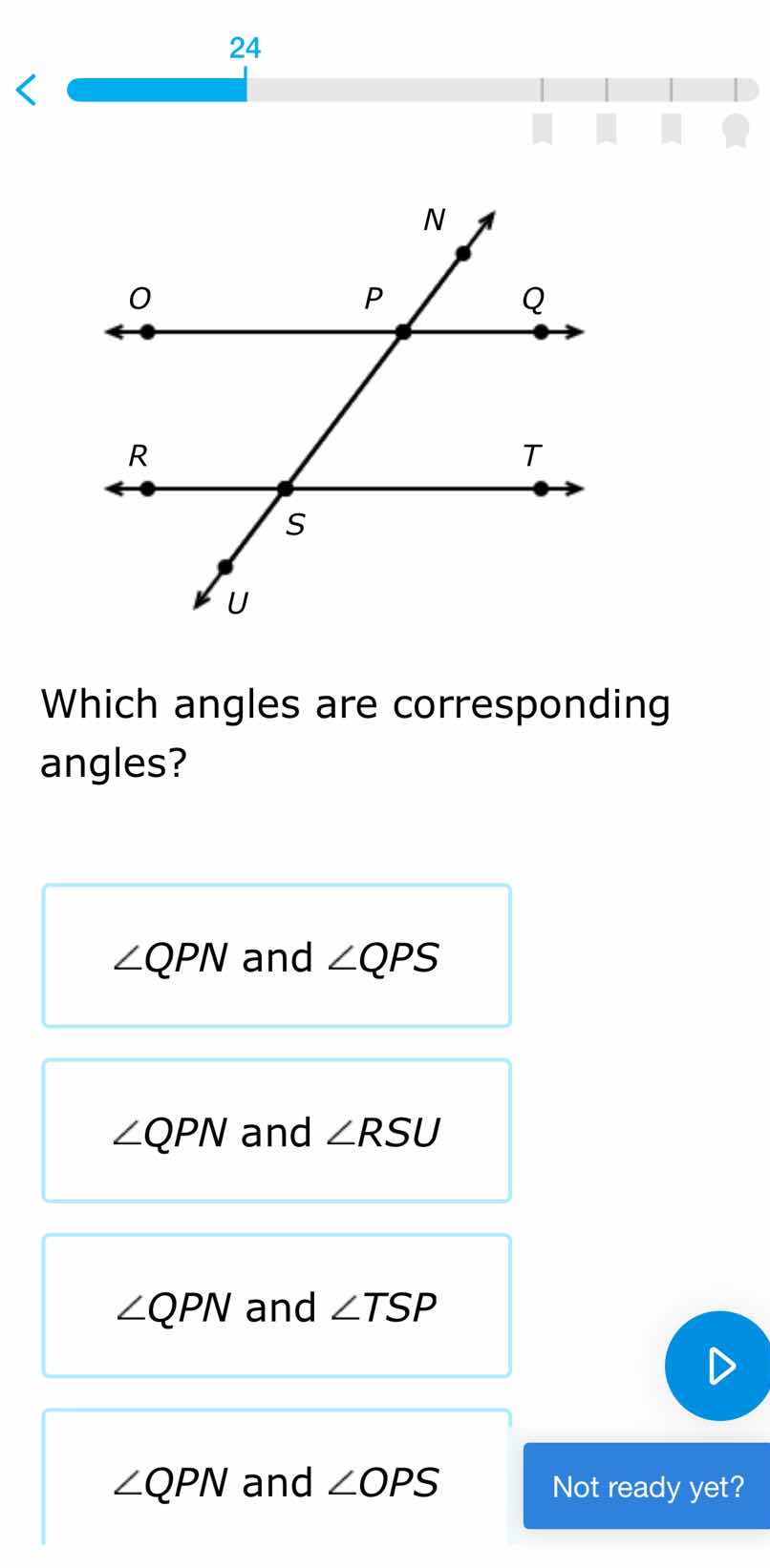 which angles are corresponding angles? ∠qpn and ∠qps ∠qpn and ∠rsu ∠qpn…