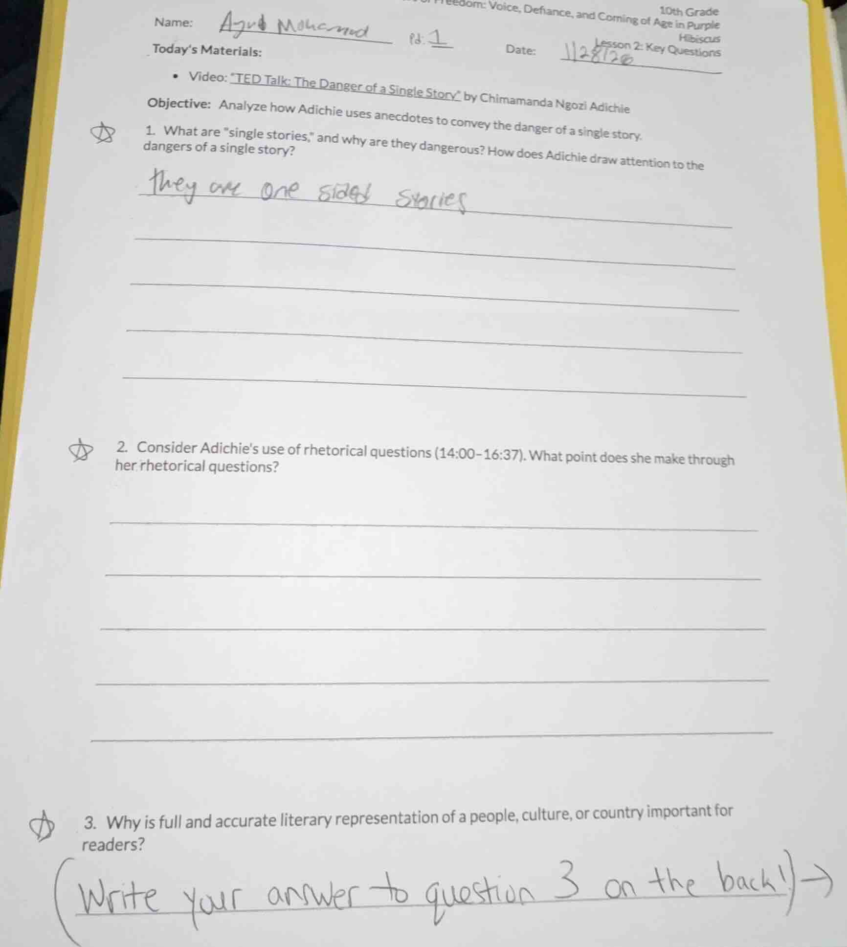 10th grade om: voice, defiance, and coming of age in purple hibiscus le…