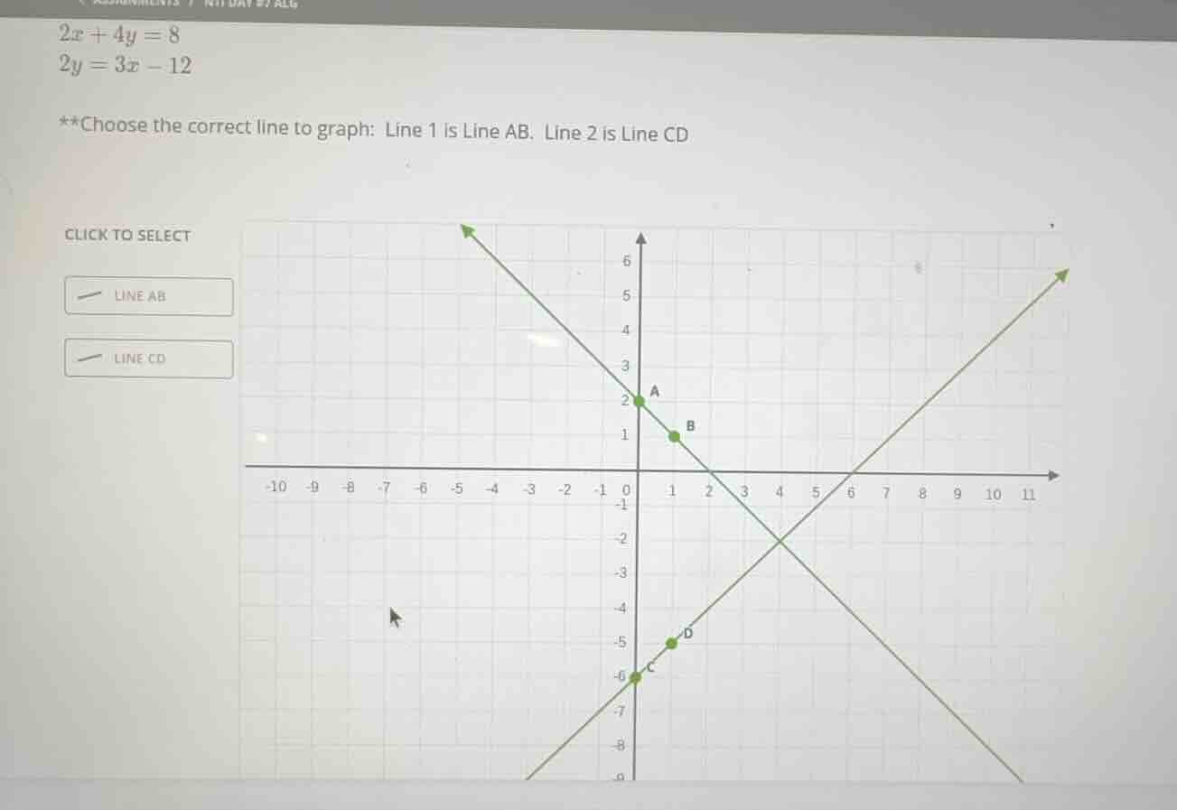 2x + 4y = 8\ 2y = 3x - 12\ **choose the correct line to graph: line 1 i…