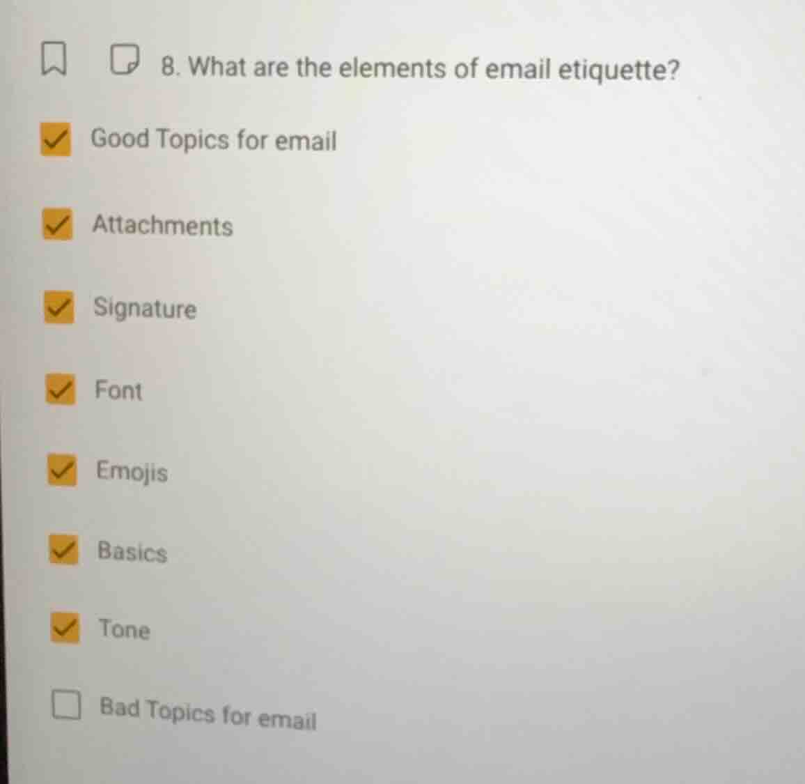 8. what are the elements of email etiquette? good topics for email atta…