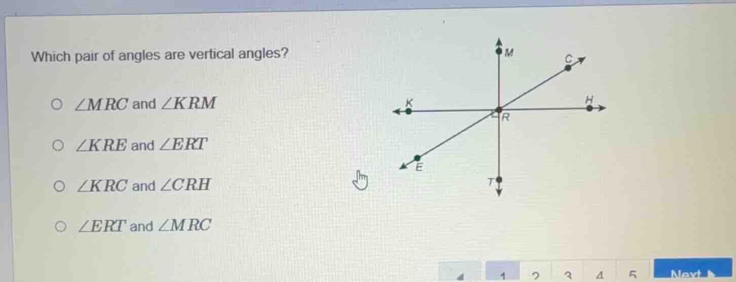 which pair of angles are vertical angles? ∠mrc and ∠krm ∠kre and ∠ert ∠…