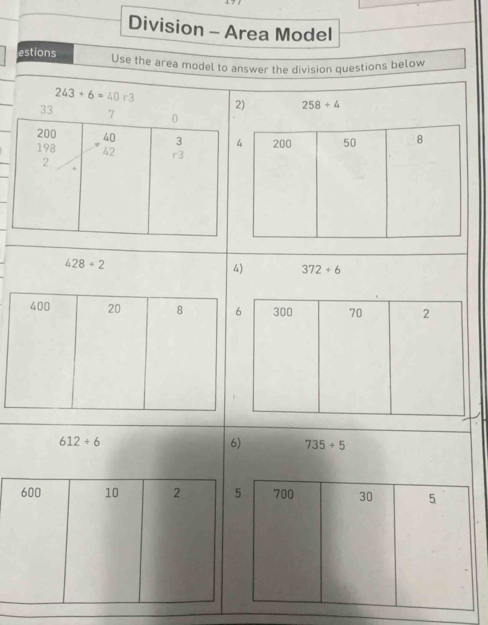 division – area model use the area model to answer the division questio…