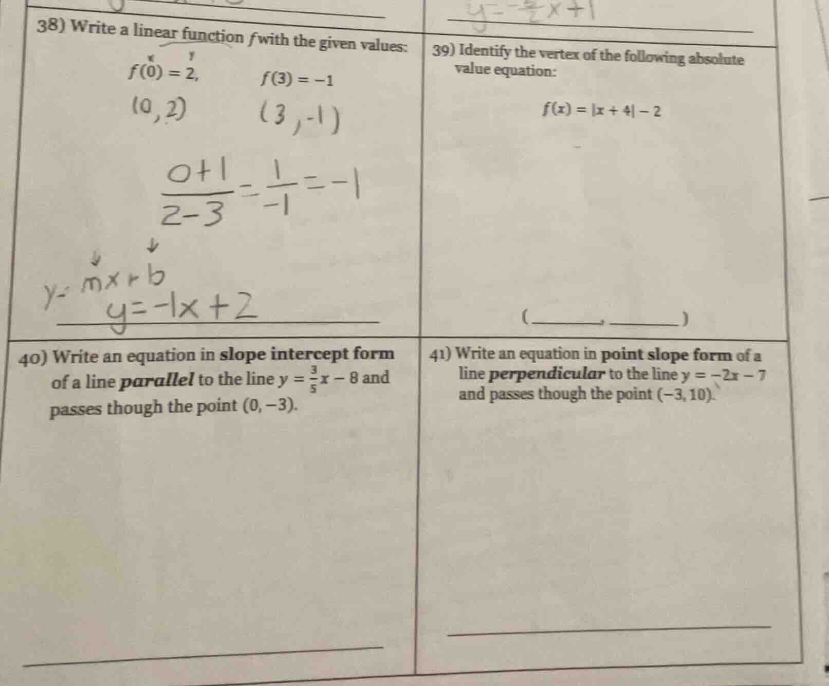 38) write a linear function f with the given values: $f(0) = 2,$ $f(3) …