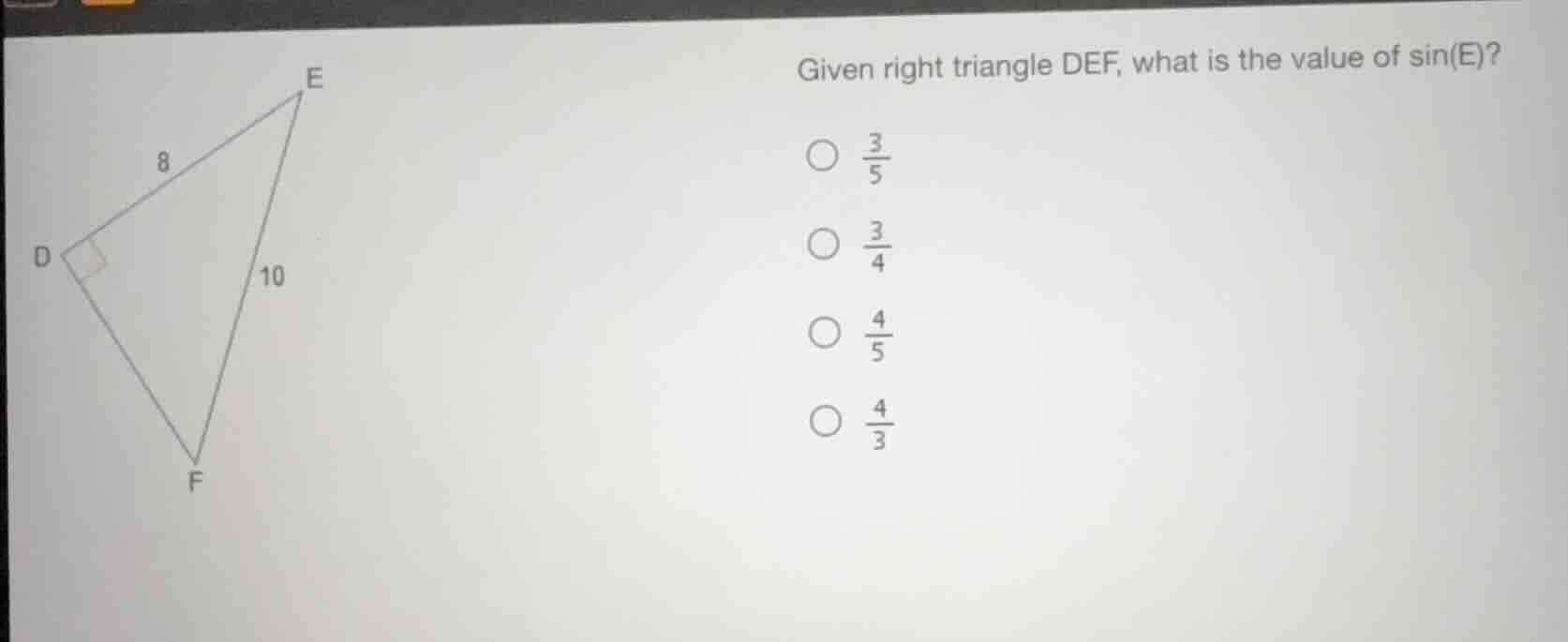 given right triangle def, what is the value of sin(e)? ○ \\(\\frac{3}{5…