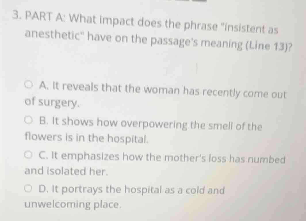 3. part a: what impact does the phrase \insistent as anesthetic\ have o…