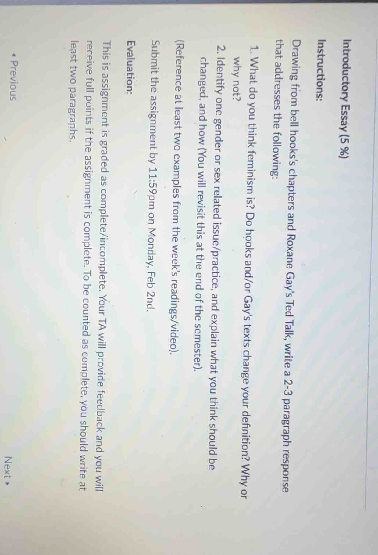 introductory essay (5%) instructions: drawing from bell hooks’s chapter…