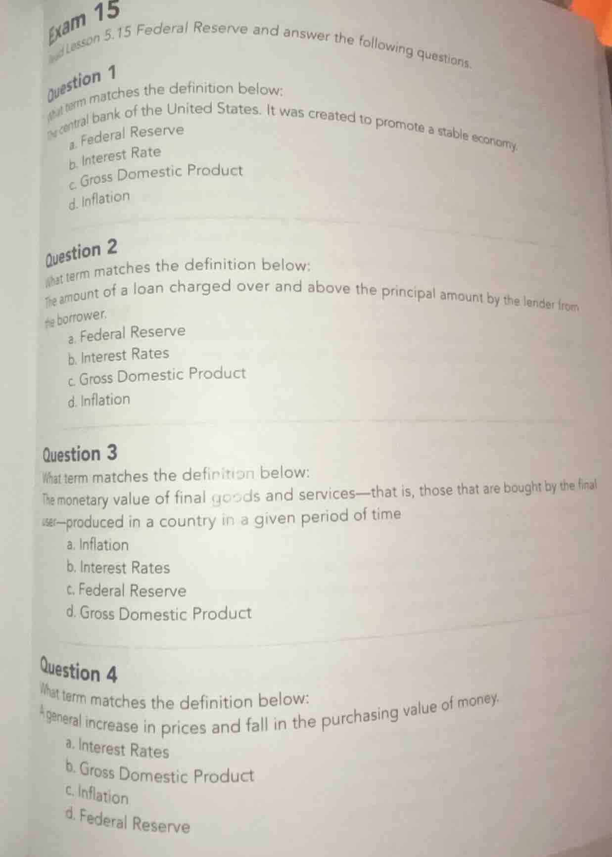 exam 15 and lesson 5.15 federal reserve and answer the following questi…