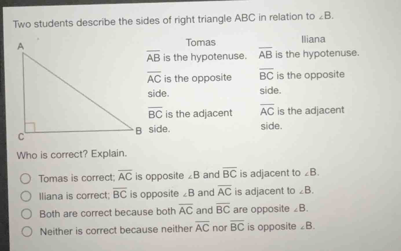 two students describe the sides of right triangle abc in relation to ∠b…