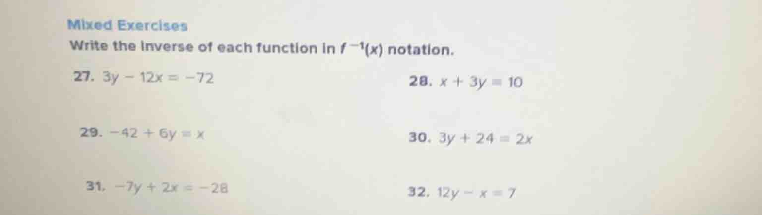 mixed exercises write the inverse of each function in $f^{-1}(x)$ notat…