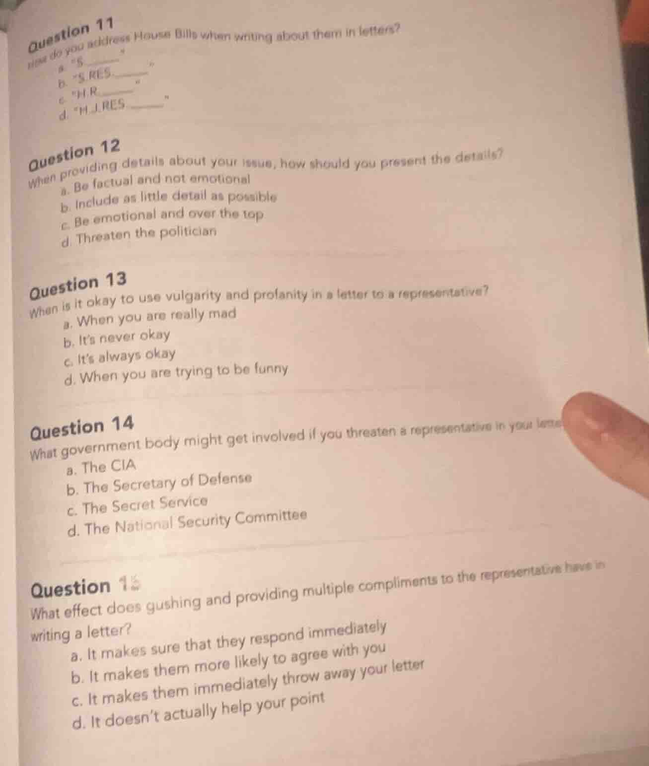 question 11 how do you address house bills when writing about them in l…