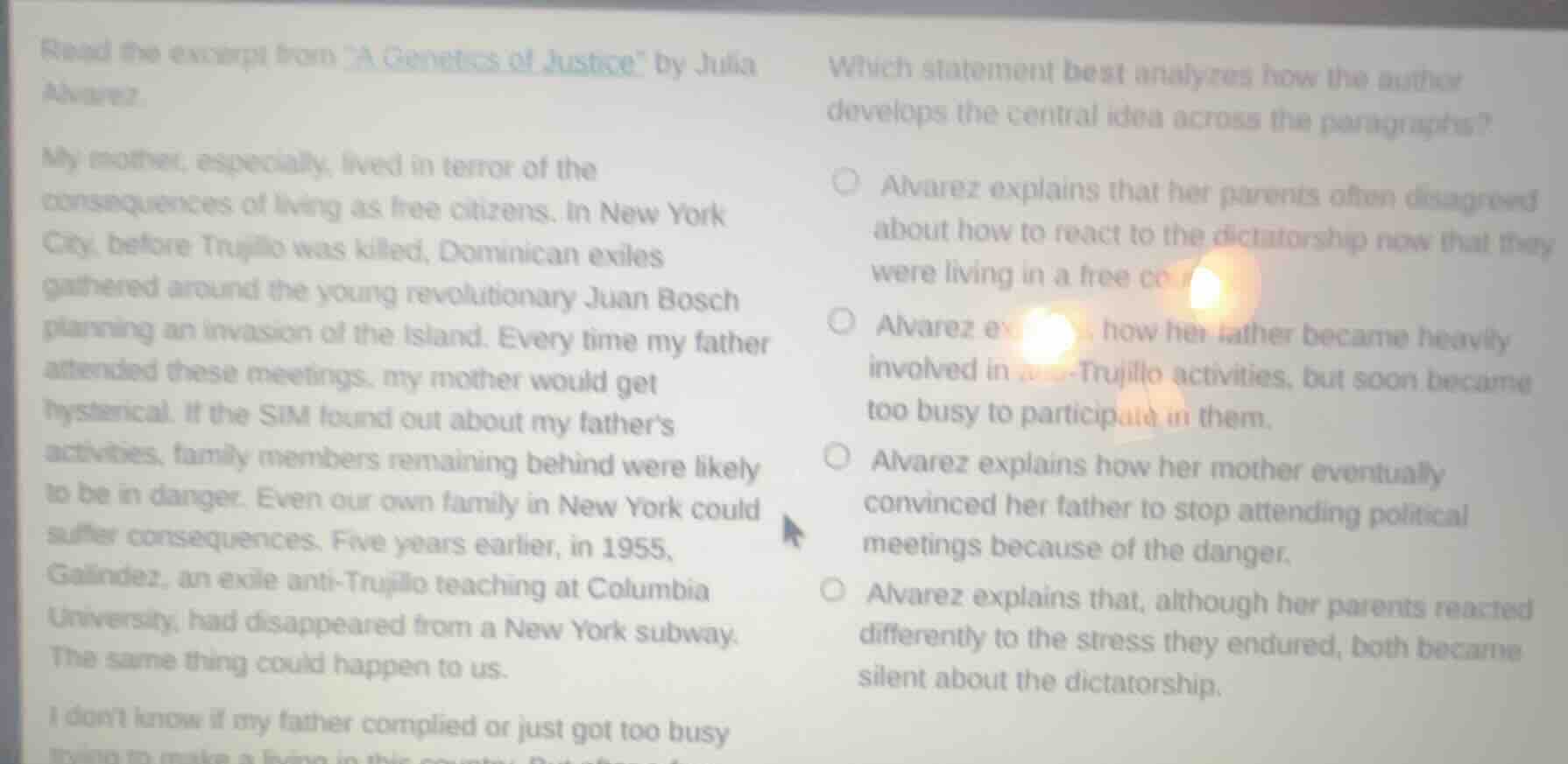 read the excerpt from \a genetics of justice\ by julia alvarez. my moth…