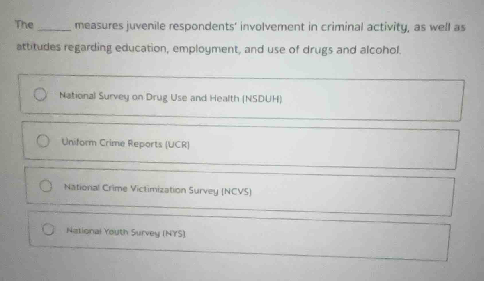 the ______ measures juvenile respondents’ involvement in criminal activ…