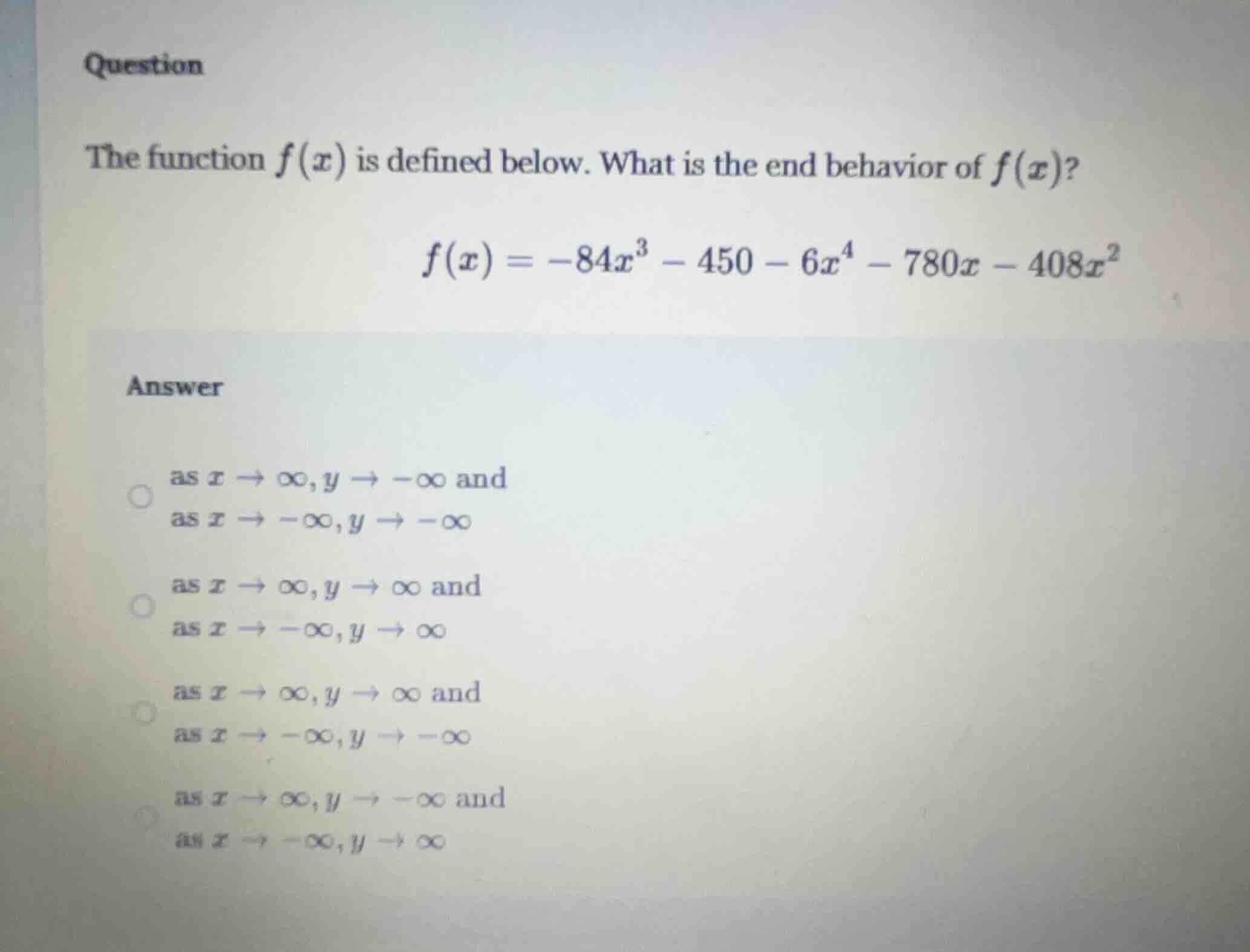 question the function $f(x)$ is defined below. what is the end behavior…